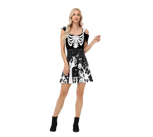 Shukqueen Halloween-Kostüm für Damen, Skelett, Knochen, Kürbis, bedruckt, Größe L von Shukqueen