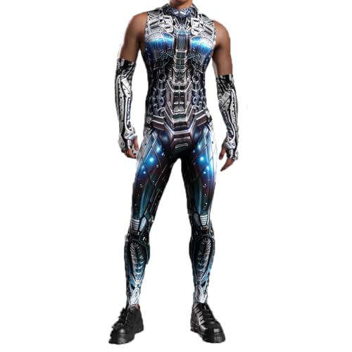 Shukqueen Herren-Overall mit Roboter-Skelett-Motiv, silber-blau, mechanische Rüstung, Body und Ärmelüberzüge, Outfit-Kostüm, Größe L von Shukqueen