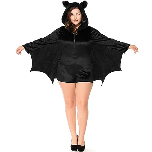 Shukqueen Schwarz Fledermaus Halloween Kostüm für Frauen und Mädchen Bühnenperformance Kostüme, Overall für Kinder und Erwachsene, Größe 3XL (170-178) von Shukqueen