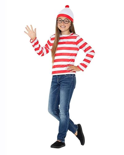 Shukqueen Uni-Kinder-Kostüm, Waldo-Kostüm-Set mit rot-weiß gestreiftem T-Shirt, Hut und Brille für Kinder, Schule, Welttag der Buchwoche, Größe XXL von Shukqueen
