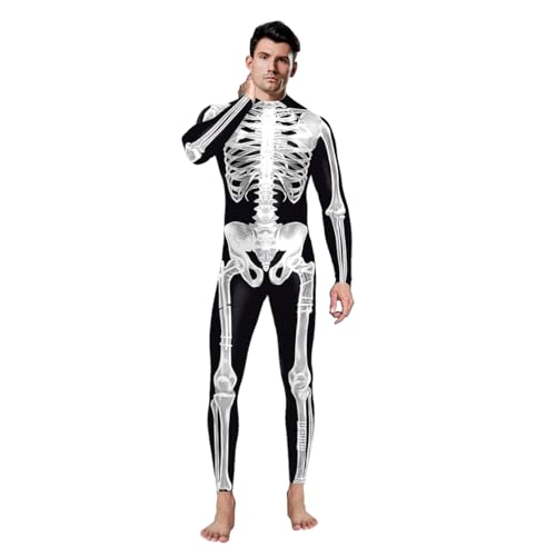 Shukqueen Unisex Erwachsener weißer menschlicher Skelett-Druck, Cosplay, Halloween, Performance, schwarzer Kostüm, Body, Größe S von Shukqueen