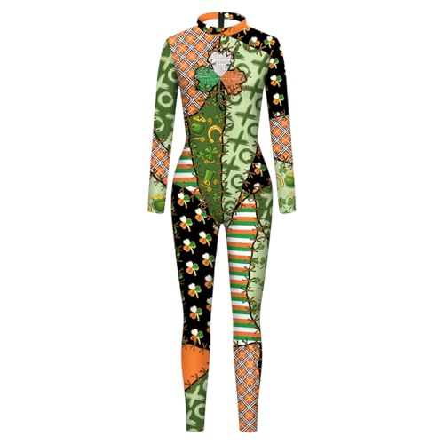 Shukqueen Unisex St. Patrick's Day Kostüm Overall Glück Kleeblatt Print Bodysuit Patchwork Irish Holiday Kostüm XL von Shukqueen