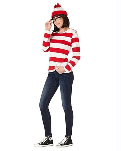 Shukqueen Waldo-Kostüm-Set für Damen, mit rot-weiß gestreiftem T-Shirt, Hut und Brille für Erwachsene, Weltbuchtag, Größe XXL von Shukqueen