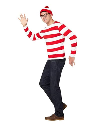 Shukqueen Waldo-Kostüm-Set für Herren, mit rot-weiß gestreiftem T-Shirt, Hut und Brille für Erwachsene, Weltbuchtag, Größe XXL von Shukqueen