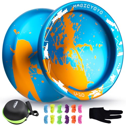 SHUNGRU Profi Unresponsive Yoyo V10, Finger Spin Yoyo für Kinder Anfänger, Metall Trick Yo-yo für Erwachsene mit Langen Spin Zeit + Extra 12 Yoyo Strings + Yoyo Case + Yo Yo Handschuh (Blue Golden) von ShungRu