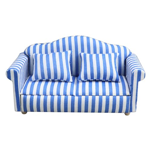 Shurzzesj Miniatur-Puppenhaus-Couch-Sofa, Puppenhaus-Couch mit Kissen | -Puppenhausmöbel im Maßstab 1:12, Couch und Stuhl - Rot-weiß gestreifter Miniatur-Sofa-Sessel aus Holzstoff, von Shurzzesj