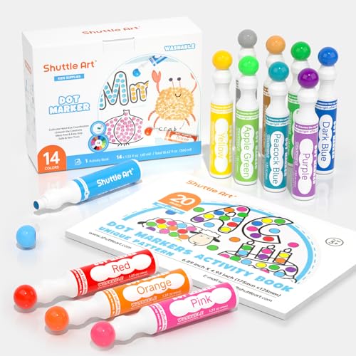 Shuttle Art 14 Farben Bingo Dabbers Stifte, Dot Marker auswaschbar für kinder(40ml) mit 20 einzigartigen Mustern von Activity Book für Kinder-Kunstaktivitäten, Baby Dot Stifte ungiftig auf Wasserbasis von Shuttle Art