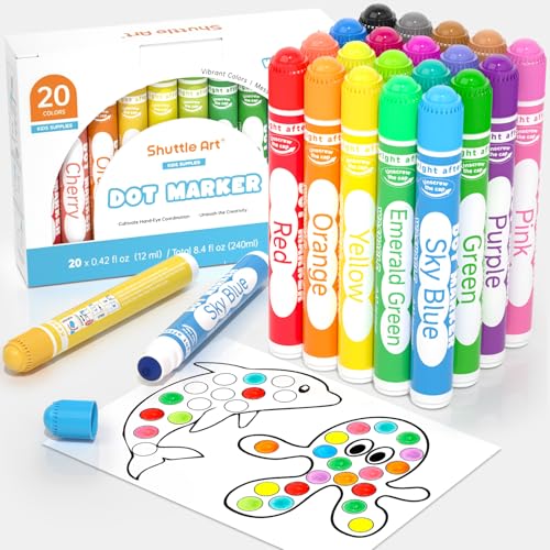 Shuttle Art 20 farbige Dot Markers, Kinderstifte auswaschbar, Bingo marker für Kinder, Bingo Stempelstifte mit PDF-Malvorlagen, Bingo Dabber Pen mit ungiftiger Tinte auf Wasserbasis, Punkt Marker Set von Shuttle Art