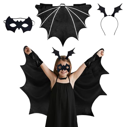 Shyllin Fledermaus Kostüm Kinder, Fledermaus Flügel Umhang mit Maske Haareif, Halloween Kostüme Kinder, Vampir Kostüm für Junge Mädchen Halloween Cosplay Karneval Fasching Party von Shyllin