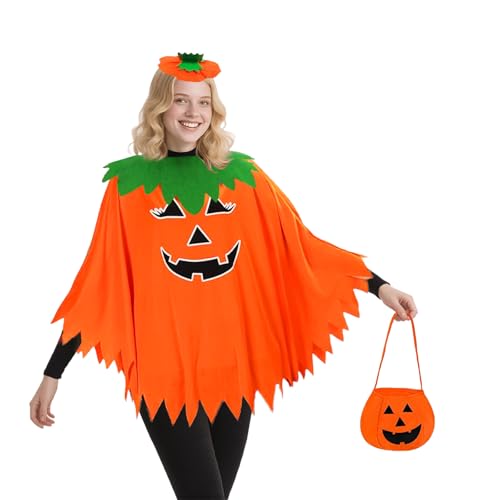 Shyllin Halloween Kürbis Kostüm Damen, Halloween Damen Kürbis Umhang Orange Poncho mit Stirnband, Pumpkin Candy Bag, Pumpkin Cloak, Kürbiskostüm Set für Hallo-ween Karneval Cosplay von Shyllin