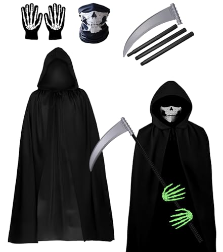 Shyllin Sensenmann Kostüm Erwachsene, Halloween Umhang Set mit Totenkopfmaske, Glühhandschuhen und Plastiksense, Gruselig Sensenmann Umhang mit Kapuze, für Halloween Party Cosplay Karneval von Shyllin