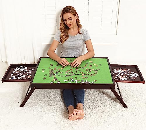 Jigsaw Puzzletisch, Puzzle Brett aus Holz für Erwachsene,Großer Tragbarer Klapptisch, Puzzle-Zubehör für Spielzimmer-Möbel (für 1000 STÜCKE mit Schublade und Beinen, Klein, Grün und braun.) von Shyneer