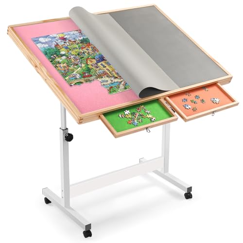 Jigsaw Puzzletisch,Puzzlebrett 1500Teile,Puzzlebrett mit Bunten Schubladen & Abdeckmatte - Brettspiel Puzzletisch mit Filzarbeitsfläche für Erwachsene (Rosa, Mit schubladen) von Shyneer