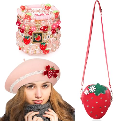 Shyyween 10-teiliges Erdbeer-Zubehör-Set für Damen, niedlicher Erdbeer-Barett-Hut, Geldbörse, stapelbare Heishi-Armbänder für Halloween, Cosplay Shyyween 10-teiliges Erdbeer-Zubehör-Set für Damen, niedlicher Erdbeer-Barett-Hut, Geldbörse, stapelbare Heishi-Armbänder für Halloween, Cosplay von Shyyween
