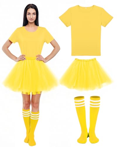 Shyyween 3-teiliges Halloween-Kostüm für Damen, Tutu, Süßigkeiten-Kostüm für Erwachsene, Tüll-Tutu-Rock mit Schlauchsocken, T-Shirt für Team-Cosplay-Party, gelb, Einheitsgröße Shyyween 3-teiliges Halloween-Kostüm für Damen, Tutu, Süßigkeiten-Kostüm für Erwachsene, Tüll-Tutu-Rock mit Schlauchsocken, T-Shirt für Team-Cosplay-Party, gelb, Einheitsgröße von Shyyween