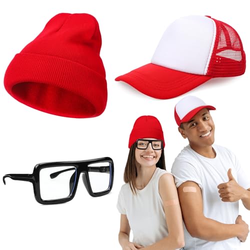 Shyyween 3-teiliges Halloween-U-Bahn-Parkour-Duo-Streetläufer-Kostüm-Zubehör-Set, rot-weiß, Trucker-Kappe, schwarz, übergroße dicke Brille, Slouchy Beanie, Strickmütze für Paare, Freunde Shyyween 3-teiliges Halloween-U-Bahn-Parkour-Duo-Streetläufer-Kostüm-Zubehör-Set, rot-weiß, Trucker-Kappe, schwarz, übergroße dicke Brille, Slouchy Beanie, Strickmütze für Paare, Freunde von Shyyween