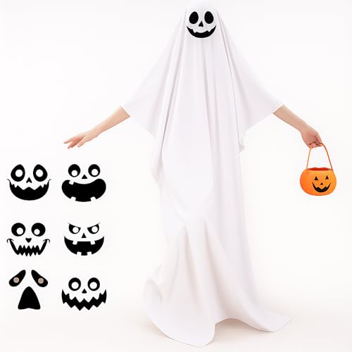 Shyyween Halloween-Geisterkostüm mit Aufklebern und Kürbistasche, weißes Geister-Kostüm für Aldults, Halloween, gruseliges Cosplay (XS) von Shyyween