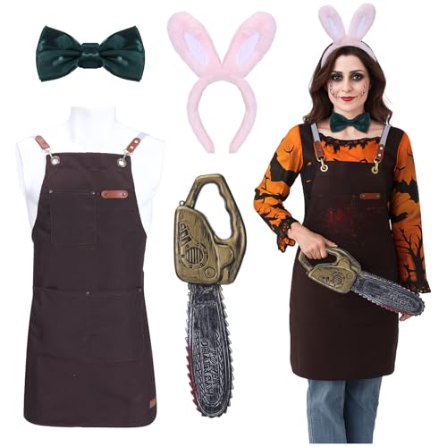 Shyyween Halloween-Kostüm-Set, Hasenohren, Stirnband, braune Schürze, grüne Fliege und realistische Logging-Kettensäge, Hasen-Kostüm, Horror-Kostüm für Damen, Cosplay, Halloween, Party-Zubehör Shyyween Halloween-Kostüm-Set, Hasenohren, Stirnband, braune Schürze, grüne Fliege und realistische Logging-Kettensäge, Hasen-Kostüm, Horror-Kostüm für Damen, Cosplay, Halloween, Party-Zubehör von Shyyween