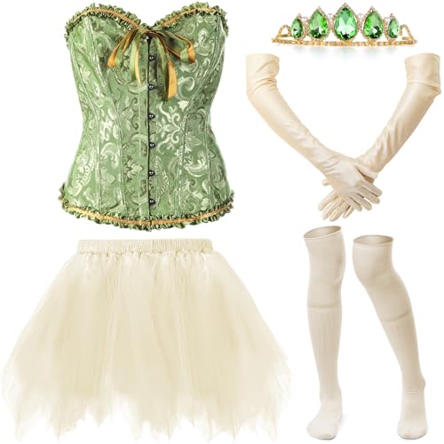 Shyyween Halloween-Kostüm-Set für Erwachsene, grünes Prinzessinnen-Kostüm-Set mit Korsett-Tiara, flauschigem Minirock, lange Satin-Handschuhe, kniehohe Socken (groß) von Shyyween