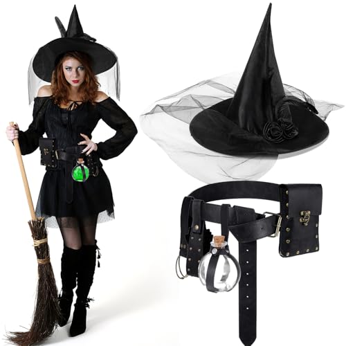 Shyyween Hexenhut-Set für Damen, Renaissance-Zubehör, Fantasy-Zauberer-Gürteltasche, Halloween, Cosplay, Kostüm, 5-teilig (Retro-Schwarz) von Shyyween