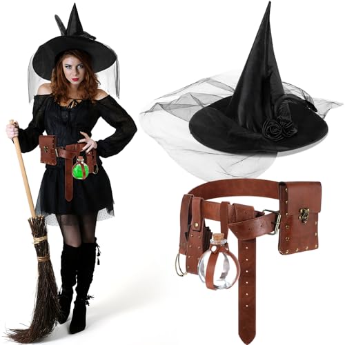 Shyyween Hexenhut-Set für Damen, Renaissance-Zubehör, Fantasy-Zauberer-Gürteltasche, Halloween, Cosplay, Kostüm, 5-teilig (Vintagebraun) von Shyyween