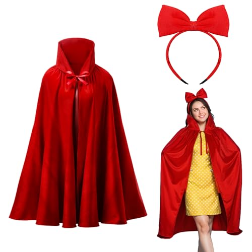 Shyyween Roter Samt Stehkragen Umhang Rote Schleife Stirnband Set Maskerade Umhang Kostüm Erwachsene Prinzessin Cosplay für Halloween (S) von Shyyween