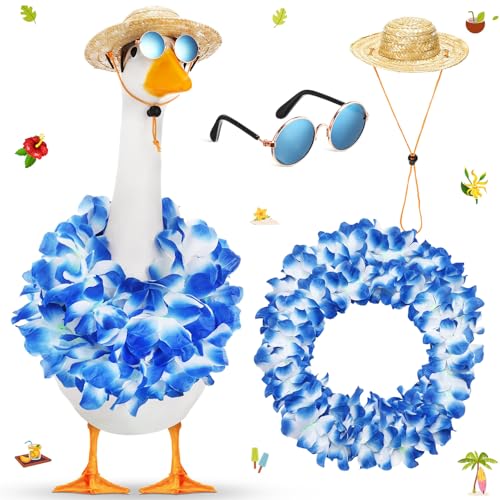 Shyyween Sommer-Veranda-Gans-Outfits für Kunststoffgans, 58,4 cm (23/17 Zoll), Rasen, Terrasse, Kleidung, Strohhut und hawaiianisches Lei-Kostüm, Blau von Shyyween