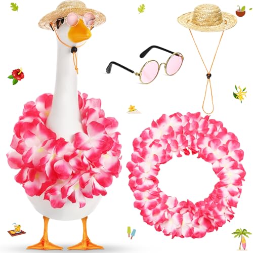 Shyyween Sommer-Veranda-Gans-Outfits für Kunststoffgans, 58,4 cm (23/17 Zoll), Rasen, Terrasse, Kleidung, Strohhut und hawaiianisches Lei-Kostüm, Rosa von Shyyween