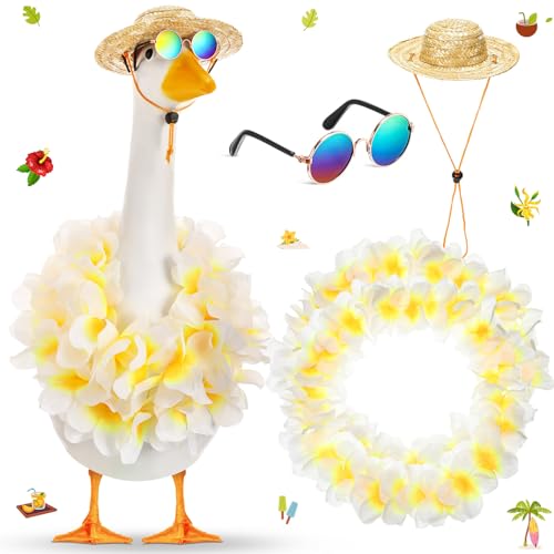 Shyyween Sommer-Veranda-Gans-Outfits für Kunststoffgans, 58,4 cm (23/17 Zoll), Rasen, Terrasse, Kleidung, Strohhut und hawaiianisches Lei-Kostüm, Weiß von Shyyween