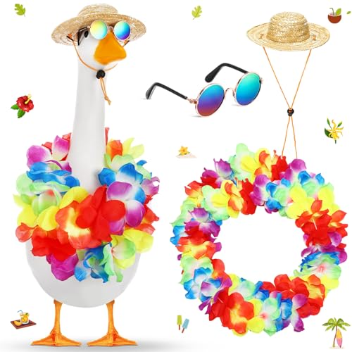 Shyyween Sommer-Veranda-Gans-Outfits für Kunststoffgans, 58,4 cm (23/17 Zoll), Rasen, Terrasse, Kleidung, Strohhut und hawaiianisches Lei-Kostüm (bunt) von Shyyween
