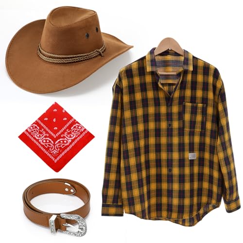 Shyyween Western-Set, Cowboy-, Cowgirl-Stil, gebogene Krempe, Kamelhut, genähter Rand, Gürtel und rotes Amoeba-Bandana, gelbes kariertes Langarm-Flanellhemd für Herren und Damen, 4-teilig Shyyween Western-Set, Cowboy-, Cowgirl-Stil, gebogene Krempe, Kamelhut, genähter Rand, Gürtel und rotes Amoeba-Bandana, gelbes kariertes Langarm-Flanellhemd für Herren und Damen, 4-teilig von Shyyween