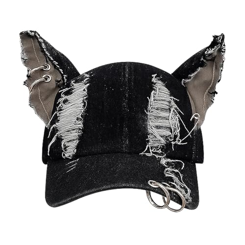 Shyyween Y2K Grunge-Hut mit Ohren, Denim-Hasenohren, Katze, Used-Look, Baseballkappe, Emo-Outfit für Damen, Halloween-Zubehör (Katze) von Shyyween