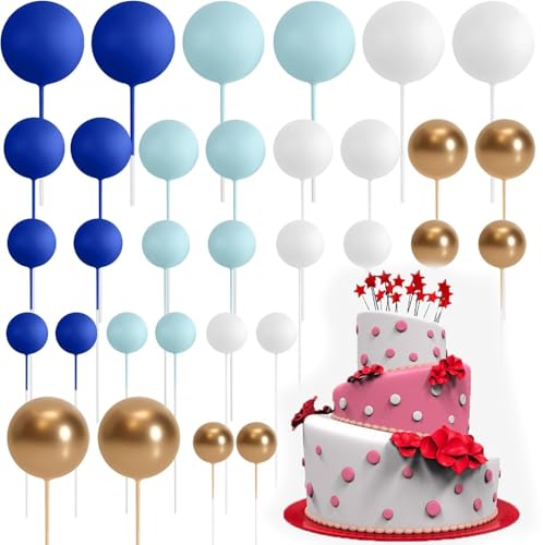 SiHuiTu 32 Stück Tortenkugeln, Dekoration, Schaumstoff-Cupcake-Topper, Mini-Ballon (Blau, Weiß, Gold) von SiHuiTu