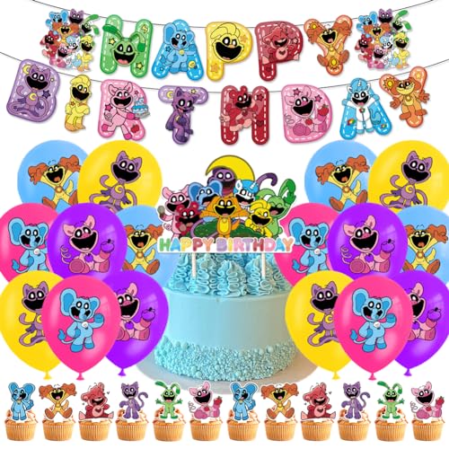 SiSfeL 34Pcs Smiling Thema Birthday Dekoration, Smiling Cake Topper, Luftballons Geburtstag, Banner, Cartoon Geburtstag Dekorationen, für Kinder Geburtstag Party von SiSfeL