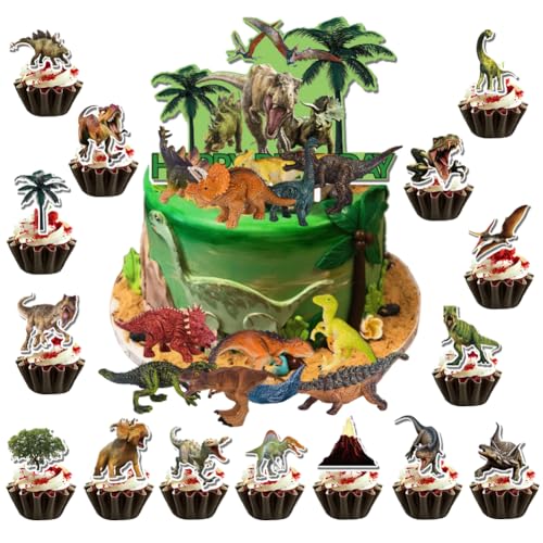 SiSfeL Dinosaurier Kuchendeko, 28Pcs Dinosaurier Cake Topper, Dinosaurier Figuren, Dino Tortendeko, Mini Dinosaurier Pädagogisches Spielzeug, Dinosaurier Kuchen Topper für Kinder Junge von SiSfeL