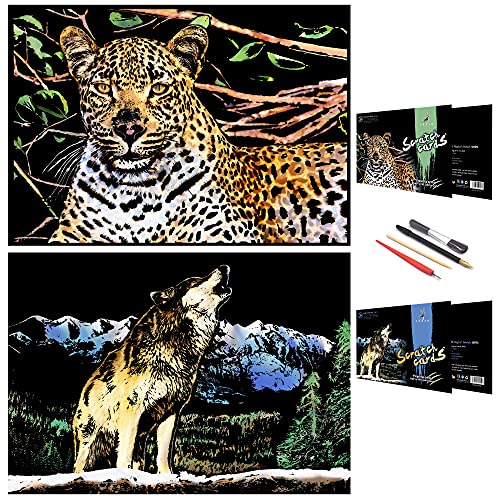 Scratch Painting Art Paper, Animal Series Scratchboard für Kinder & Erwachsene, Geschenke & Arts Craft Kits mit 4 Werkzeugen, Größe: 16 '' x 11 '' (Wolf & Cheetah) von SiYear