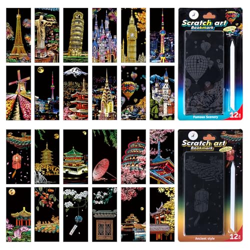 SiYear Lesezeichen zum Kratzen, Regenbogenmalerei, Kunstpapier, für Erwachsene und Kinder, kreatives Geschenk mit 4 Werkzeugen, 15,7 x 7,1 cm, 24 Stück von SiYear