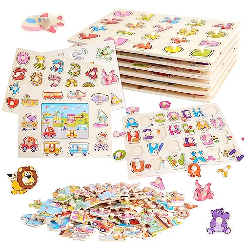 6-teiliges Kinder Holzpuzzles Greifpuzzle mit Puzzle Steckbretter mit Knopf für Kinder Zahlen,Alphabete,Tiere,Transport,Ozean (Familien-Edition) 6-teiliges Kinder Holzpuzzles Greifpuzzle mit Puzzle Steckbretter mit Knopf für Kinder Zahlen,Alphabete,Tiere,Transport,Ozean (Familien-Edition) von Siairo