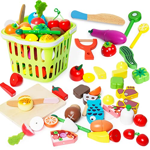 Siairo Kinderküche Zubehör Holz Küchenspielzeug Schneiden Spielküche Zubehör Obst Gemüse Lebensmittel Küche Holzspielzeug Kinderspielzeug mit Schürze für Kinder ab 3+ Jahren Jungen Mädchen von Siairo