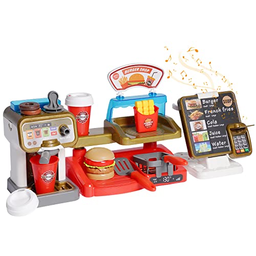 Spielzeug-Kaffeemaschine, Rollenspiel, Burger-Laden-Registrierkasse mit Sound, Kinderküche, Rollenspiel-Sets, Küchengeräte, Spielzeug für Jungen und Mädchen von Siairo