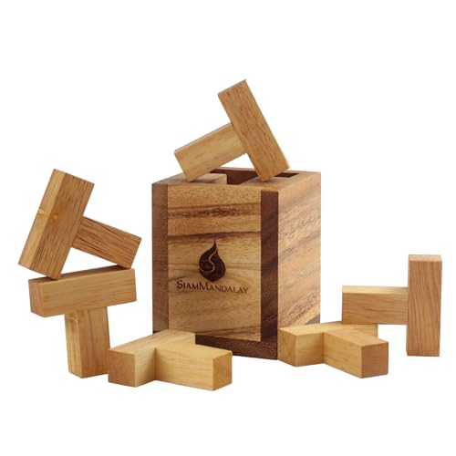SiamMandalay Teeing In:6 Ts in The Box Holzpuzzles für Erwachsene 3D Brain Teaser Stapelspiel Handgemachtes Problemlösungsspiel für Erwachsene & Kinder Corporate Desk Accent für Büro von SiamMandalay