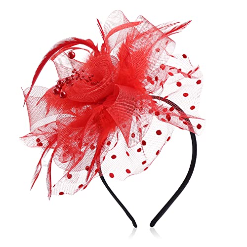 Sibba Damen Fascinator Hut Blume, Mesh Federn Stirnband Tea Party Clip Kopfbedeckung Haarschmuck für Party Kirche Hochzeit für Frauen Mädchen Rot von Sibba