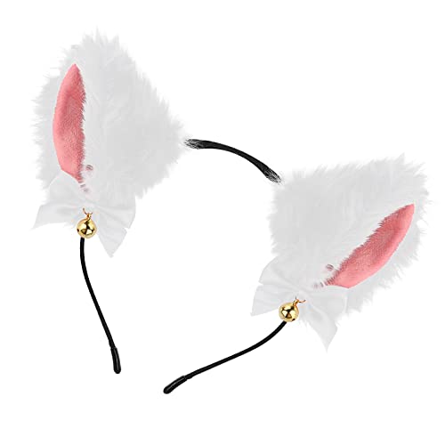 Sibba Katzenohren Stirnband mit Glöckchen Kawaii Plüsch Fuchsohr Haarband Kopfbedeckung Haarband für Frauen Mädchen Halloween Cosplay Weihnachtsdeko Haarband Ostern Party Kostüm Haarschmuck (Weiß) von Sibba