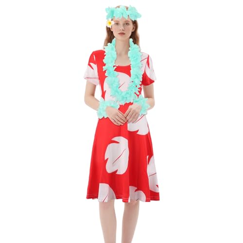 Damen Kleid Kostüm beinhaltet hawaiianisches rotes Kleid Blume Leis Zubehör Blume Haarspange Lilo Kostüm Erwachsene Blatt Sommerrock für Halloween Cosplay Strandparty (L) von Sibosen