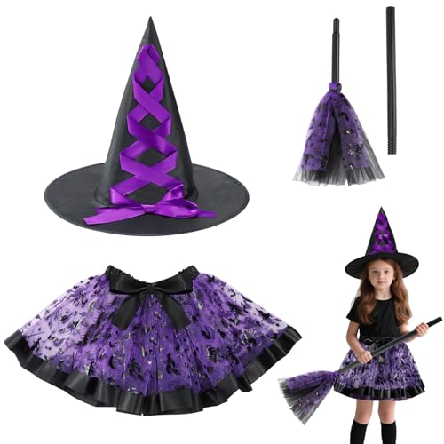 Sibosen 3 Stück Hexe Kostüm Mädchen Kinder Hexenkostüm Lila Hexe Tutu Rock mit schwarzem Hexenhut Mädchen Hexe Cosplay Kostüm für Karneval Fasching Kostümparty Rollenspiele Halloween von Sibosen