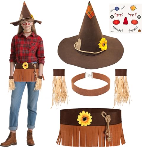 Vogelscheuche Kostüm für Erwachsene, Damen, Halsteil, Handgelenk, Vogelscheuche, Hut, Gesichtsaufkleber, Make-up für Halloween, Ernte, Party-Zubehör, 6 Stück Vogelscheuche Kostüm für Erwachsene, Damen, Halsteil, Handgelenk, Vogelscheuche, Hut, Gesichtsaufkleber, Make-up für Halloween, Ernte, Party-Zubehör, 6 Stück von Sibosen