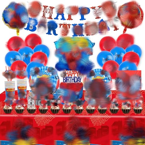Partygeschirr Geburtstagsdeko, 80 Stück Spider Birthday Decorations Party Deko Geburtstag Cake Topper Deko Teller Pappteller Kindergeburtstag Luftballons Tischdecke Geburtstag für 10 Personen von Sidesea