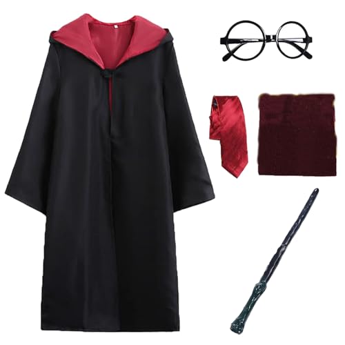Sidesea Magic Robe, 5 Stück Zauberer Kostüm für Erwachsene Umhang Cosplay Kostüm mit Cape, Krawatte, Schal, Zauberstab Wizard Costume for Halloween Karneval Verkleidung Party Fancy Dress von Sidesea