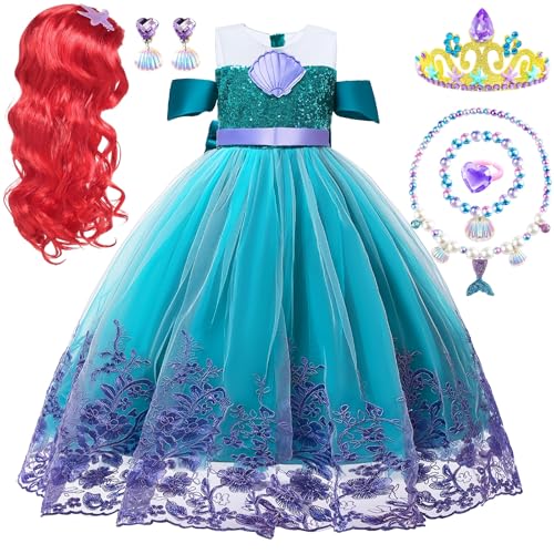 Sidesea Meerjungfrau Kostüm Mädchen, Prinzessin Kleid Damen Meerjungfrau Kostüm Kind Mädchen Perücke Halskette Armband Krone Ring Ohrclip Karneval Kostüm Kinder Weihnachten Halloween 3-10 Jahre von Sidesea