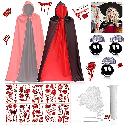 Halloween Kostüm Vampir Damen Herren, 140CM Vampir Umhang Schwarz Rot mit Kapuze, Vampirzähne, Temporäre Narben Tattoos, Halloween Kostüm Vampir für Cosplay Halloween Kostüm, Grusel Party, Garten Halloween Kostüm Vampir Damen Herren, 140CM Vampir Umhang Schwarz Rot mit Kapuze, Vampirzähne, Temporäre Narben Tattoos, Halloween Kostüm Vampir für Cosplay Halloween Kostüm, Grusel Party, Garten von Sidtomi